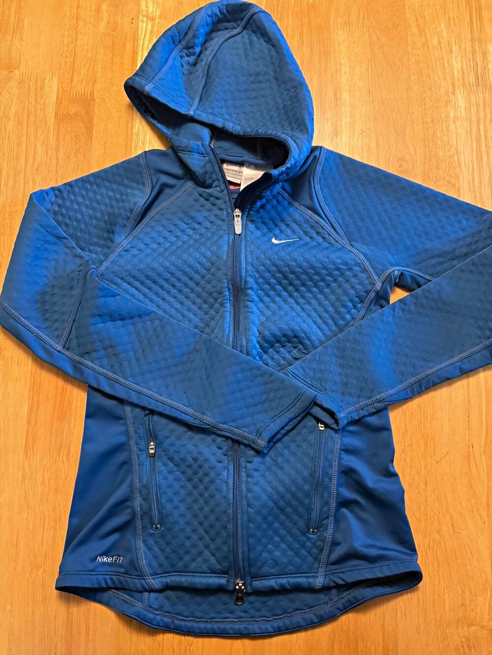 Nike Fit Women Small Blue Hooded Full Zip Performance Jacket Textured Zip Pocket